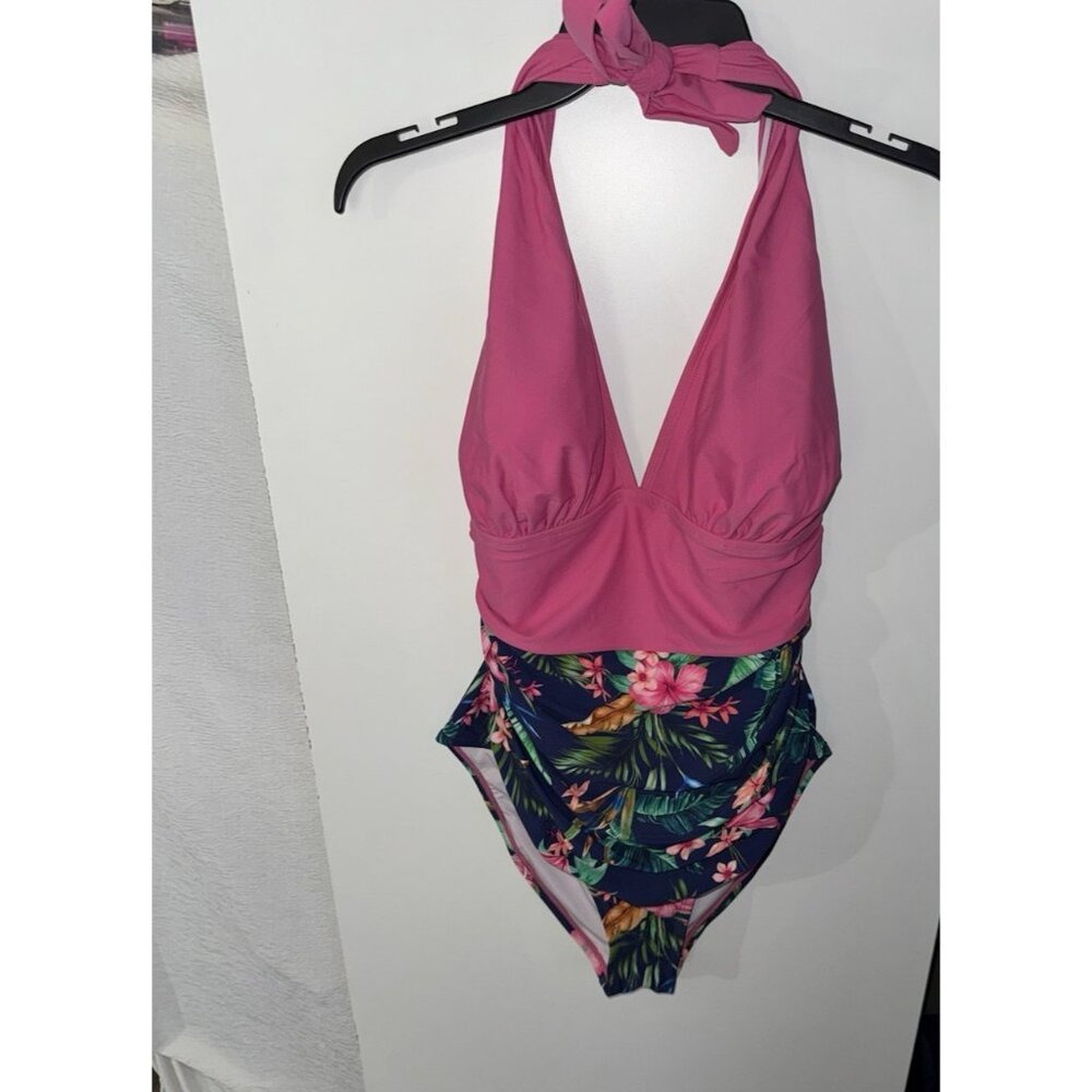 Cupshe one piece bathing suit plus size XXXXL pink floral print NEW halter tie